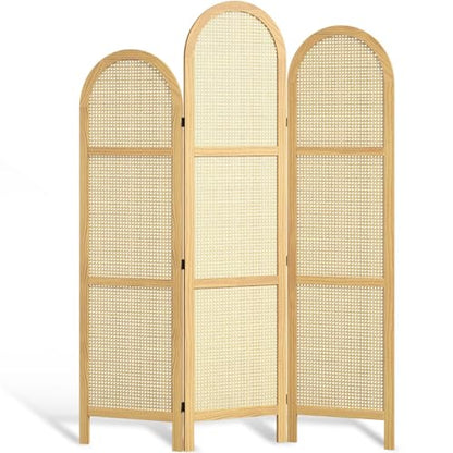 3-Panel Hand-Woven Rattan Room Divider, Tall Foldable Privacy Screen with Wooden Frame - Freestanding Portable Partition for Home Office, Bedroom, Bathroom(Natural-Wave) - color: Natural-wave