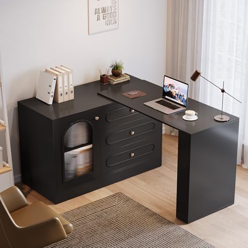 Tribesigns L Shaped Desk with 3 Drawers, Reversible Corner Desk with Storage, 360° Rotatable Study Table with Adjustable Shelves for Home Office, Writing Table Workstation for Bedroom (Black) - color: Black