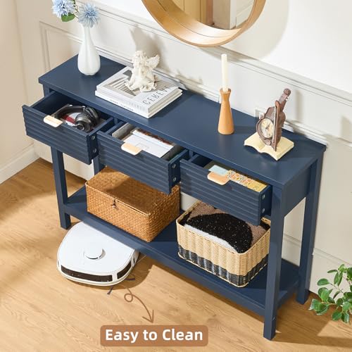 LEYAOYAO 47.2" Fluted Console Table with 3 Drawers, Blue Entryway Table | Modern Wood 2 Tier Entry Table, with Open Storage Shelf, Farmhouse Sofa Table Behind Couch, for Living Room, Hallway, Foyer - color: Dark Navy Blue