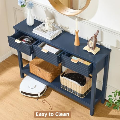 LEYAOYAO 47.2" Fluted Console Table with 3 Drawers, Blue Entryway Table | Modern Wood 2 Tier Entry Table, with Open Storage Shelf, Farmhouse Sofa Table Behind Couch, for Living Room, Hallway, Foyer - color: Dark Navy Blue