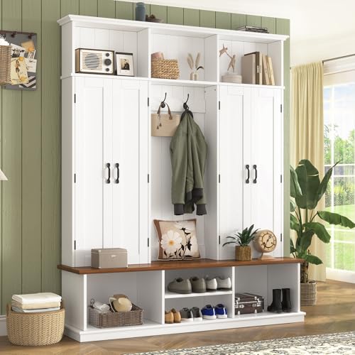 78.7''H Farmhouse Hall Tree with Storage Cabinet & Shoe Bench, White | 62.2" Wide, 4 Doors, 7 Open Cubbies, 6 Coat Hooks for Hallway Mudroom Living Room - color: White, size: 62.2”W x 15.7”D x 78.7”H