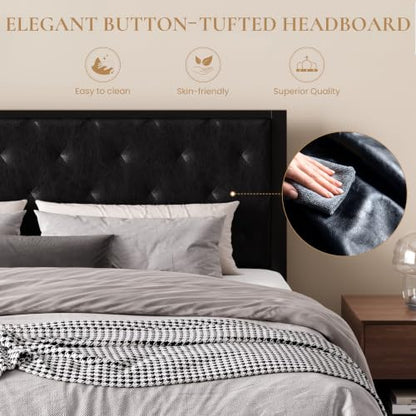 SHA CERLIN King Size Metal Bed Frame with PU Tufted Headboard, Black | Modern Design Heavy-Duty Platform Bed, No Box Spring Need, PU Leather Upholstery, Noise Free, Easy Assembly - color: Black, size: King