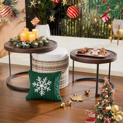 Cabana Chic Nesting Tables with Ottomans, Outdoor Round Side Table, Nesting Coffee Table Set, 2 Tables 1 Ottoman, Brown/Beige - color: Brown/Beige