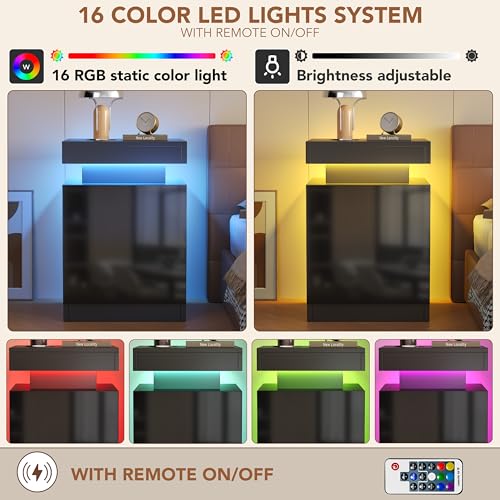 LED Nightstands Set of 2, 17 Inches Night Stand Set 2, Modern Bedside Table with LED Lights, High Gloss Surface, End Table with Storage for Bedroom, Black - color: Black-17"