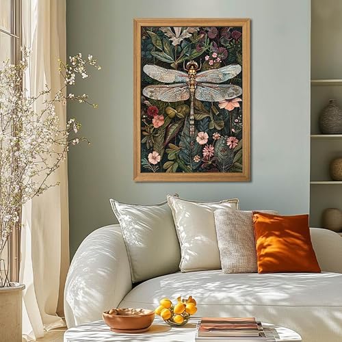 Framed Vintage 3D Textured Wall Art - Dark Green Dragonfly Flowers Wall Decor - Hand Drawn Sandstone Nature Botanical Pictures for Living Room Bedroom Home Decor 24x36in - color: Colorful dragonfly, size: 36"L x 24"W