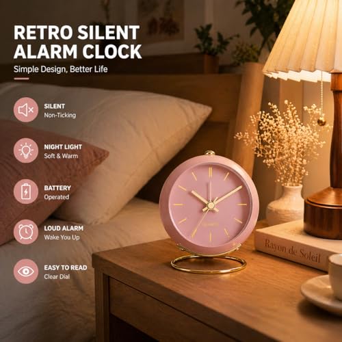 AYRELY® Battery Operated Analog Desk Alarm Clock with Light, Table Clock | Retro Aesthetic Clock with Silent Non-Ticking Movement for Bedside, Bedroom, Kitchen, Office, Travel & Kids' Room(Pink) - color: Pink