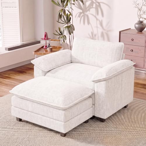 Homall Sofa Accent Chair with Ottoman, 35" Reading Chair, White | Comfy Chenille, Double Layer Cushion, Wide Armrest, Deep Seat, Sturdy Frame, High-Density Foam, Single Sofa for Living Room - color: White, size: Single Sofa Chair