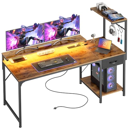 55.1 Inch Gaming Desk with LED Lights & Power Outlets | Computer Desk with Drawer & Storage Shelves, Office Writing Desk with Monitor Stand for Work from Home, Rustic Brown - color: Rustic Brown, size: 55.1 Inch