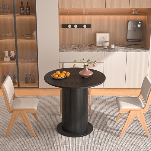 31.5 inch Round Dining Table for 2, Modern Farmhouse Kitchen Table | Small Circle Dining Tables with Wood Strip Base for Kitchen Living Room - color: Black