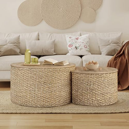 Nesting Coffee Table Set of 2, Rustic Crate and Barrel Coffee Table, Hand-Woven Woven Nesting Tables with Soild Wood Cover for Living Room, Bedroom - color: Beige White（under Cool Light）