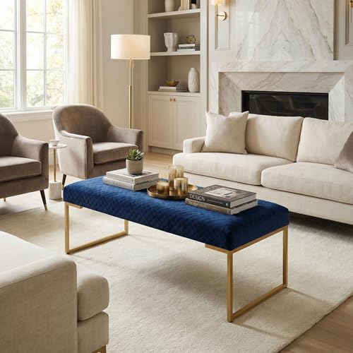Cortesi Home Claymore Large Ottoman Bench with Painted Gold Legs, Blue Velvet, 48"