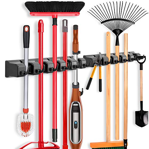 IMILLET 2 Pack Mop and Broom Holder, Wall Mount Organizer Storage Tool Rack | Broom and Mop Organizer Wall Hanging for Garage, Laundry Room, Garden, Utility, 5 Ball Slots and 6 Hooks(Black) - color: 2 Pack