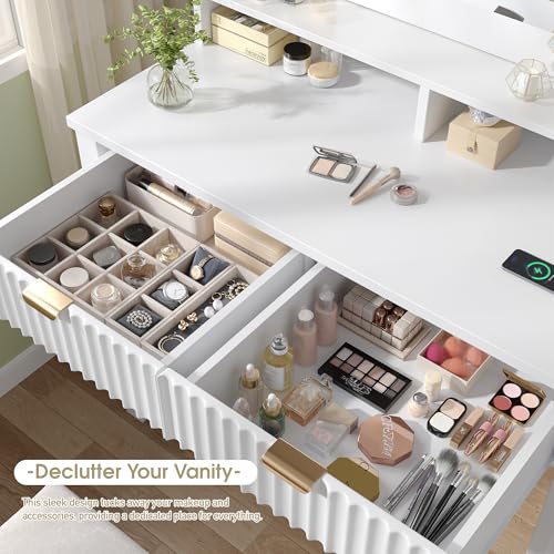 Homkdom Vanity Desk with Mirror and Lights, Makeup Vanity with 2 Large Drawers & Charging Station, Dressing Table Set with Storage Stool, 3 Color Modes Adjustable, Suitable for Small Space, White - style: White