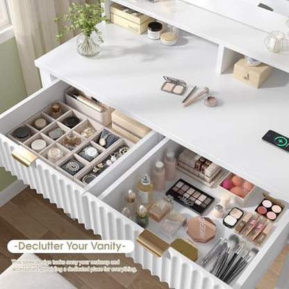 Homkdom Vanity Desk with Mirror and Lights, Makeup Vanity with 2 Large Drawers & Charging Station, Dressing Table Set with Storage Stool, 3 Color Modes Adjustable, Suitable for Small Space, White - style: White