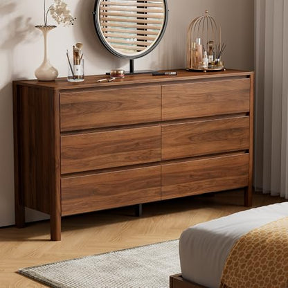 Furniway 55" Mid-Century Modern Dresser for Bedroom, 6 Drawer Wide Chest of Drawers with Wood Legs, Large Storage Bedroom Dresser, Walnut - size: 15.7"D x 55.1"W x 31.5"H (6 Drawers)