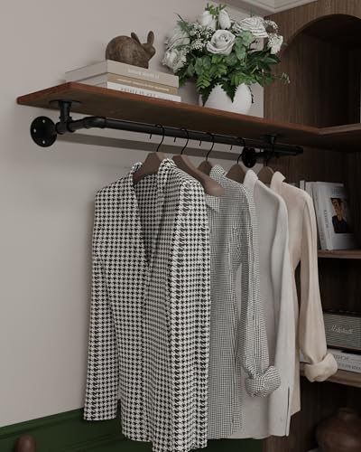Clothes Rack 42in, Wall Mounted Garment Rack with Real Wood Shelf, Heavy Duty Hanging Clothes Rack, Multi-Purpose Hanging Rod, Space-Saving Closet Storage - color: Brown, size: 1T42IN