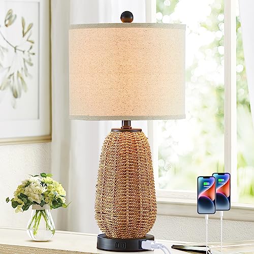 CINSARY Touch Control Rattan Table Lamp, 3 Way Dimmable Bedside Lamp for Bedroom with 2 USB Ports and AC Outlet, Nightstand Lamps for Living Room(LED Bulbs Included), Grass-1PK - color: Grass-1PK