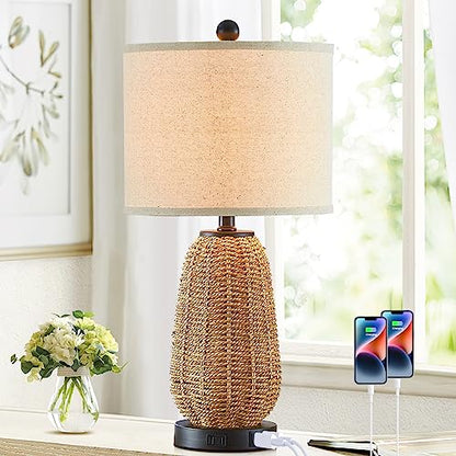 CINSARY Touch Control Rattan Table Lamp, 3 Way Dimmable Bedside Lamp for Bedroom with 2 USB Ports and AC Outlet, Nightstand Lamps for Living Room(LED Bulbs Included), Grass-1PK - color: Grass-1PK