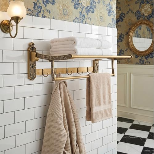 Brass Foldable Towel Rack with Hooks, Foldable Wall Mounted Bathroom Shelf Towel Bars Antique Gold Aluminum Rail Holder for Bathroom, Entryway, and Kitchen(2-Tier European Style,24") - size: 24", style: 2-tier European Style