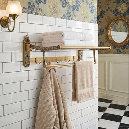 Brass Foldable Towel Rack with Hooks, Foldable Wall Mounted Bathroom Shelf Towel Bars Antique Gold Aluminum Rail Holder for Bathroom, Entryway, and Kitchen(2-Tier European Style,24") - size: 24", style: 2-tier European Style