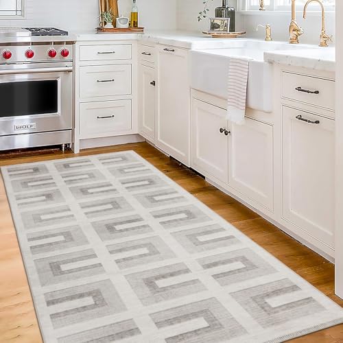 Machine Washable Area Rug Runner - Living Room Bedroom Bathroom Kitchen Entryway Office - Non-Slip Baking Low Pile Stain Resistant Premium - Modern Geometric - Remi - Beige 2'6" x 6' - color: Remi - Beige, size: 2'6" x 6' (Rectangular)