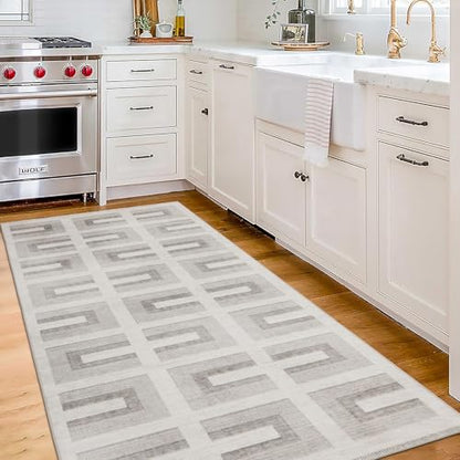 Machine Washable Area Rug Runner - Living Room Bedroom Bathroom Kitchen Entryway Office - Non-Slip Baking Low Pile Stain Resistant Premium - Modern Geometric - Remi - Beige 2'6" x 6' - color: Remi - Beige, size: 2'6" x 6' (Rectangular)