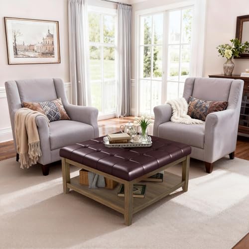 ABHENG 31.5" Large Square Storage Ottoman, Upholstery Solid Rubberwood Coffee Couch Table with Open Shelf, Foot Stool Load up to 330lb, Sythetic Leather Brown UASND67R - color: Brown, size: 31.5"D x 31.5"W x 20"H