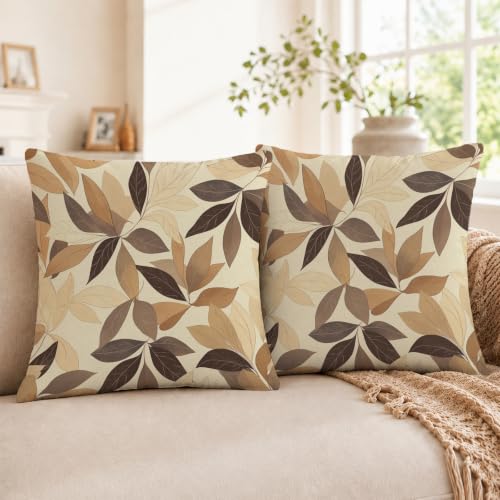 Floral 18x18 Throw Pillow Covers Set of 2, Decorative Vintage Floral Cushion Cases for Couch Sofa Bed, Morandi Peach Orange Nordic Linen Pillowcases Modern Home Decor Leaves-06 - color: Leaves-06