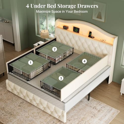 Queen Size Bed Frame and Headboard & 4 Storage Drawers | Upholstered Platform Bed Frame with RGB LED Lights & Charging Station, No Box Spring Needed, Easy Assembly, Noise-Free, Beige