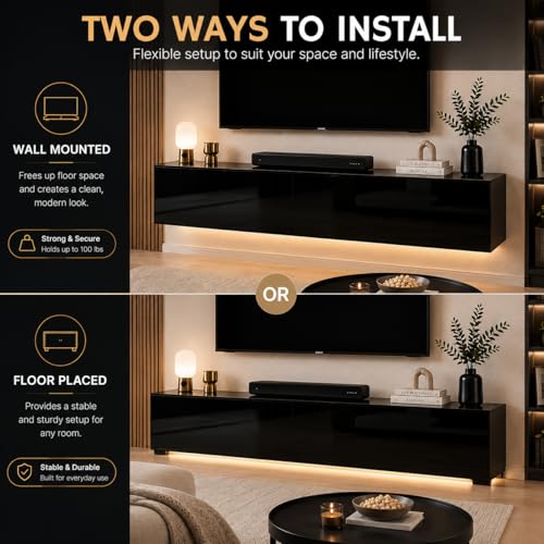 63" Floating LED TV Stands for Living Room w/ Storage, Entertainment Center | Fits TVs up to 70", Glossy Front, Hidden Storage, Wall Mounted, Cable Management, RGB LED, Easy to Clean, Modern Style - color: Black