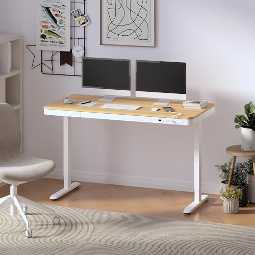 FLEXISPOT Comhar 55" Electric Standing Desk with Drawers, USB Charging Ports, Quick Assembly, Height Adjustable Sit Stand Computer Desk with Child Lock for Scandinavian Home Office, Maple - size: 55"Maple/White