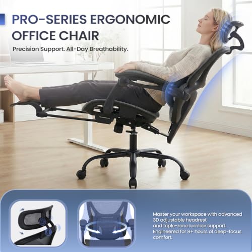 MALOL Ergonomic Mesh Office Chair with Footrest, Executive High Back Computer Desk Chair with 3D Adjustable Headrest & 5-Level Lumbar Support, Track Armrest, Tilt Lock, 300LBS, Grey - color: Grey