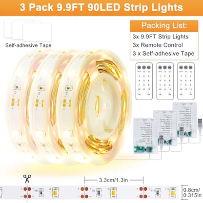 3 Pack 9.9FT Under Cabinet Lights Battery Powered with Remote, 12 Modes, Self-Adhesive, Flexible, Dimmable, Timer, 2700K-6000K Tunable White Cuttable USB Strip Lights for Shelves Bedroom Closet TV - size: 9.9FT