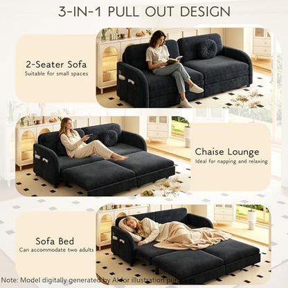 65.4'' Queen Size Sleeper Sofa Bed, 3-in-1 Pull Out Chenille Couch, Black | Cozy Curved Armrest, Loveseat with USB, 2 Round Pillows, Washable Cover, Pocket, for Living Room, Apartment, Small Spaces, RV - color: Black, size: 65.4'' Queen