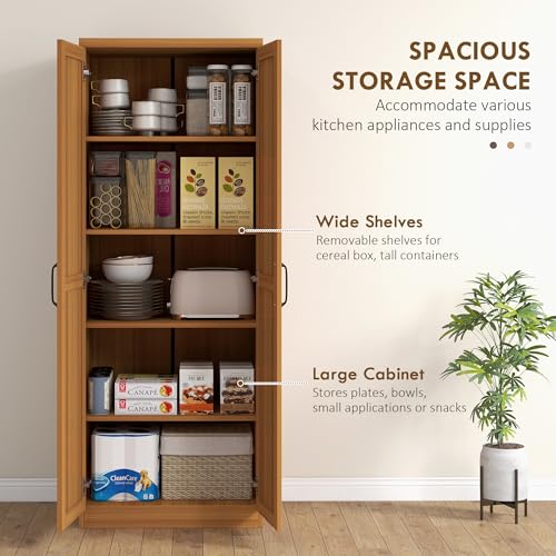 HOMCOM 63" 2-Door Kitchen Pantry 5-Tier Teak Wood Grain | Freestanding Storage Cabinet, Shelving, 2 Adjustable Shelves, for Dining Room - color: Teak Wood Grain