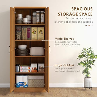 HOMCOM 63" 2-Door Kitchen Pantry 5-Tier Teak Wood Grain | Freestanding Storage Cabinet, Shelving, 2 Adjustable Shelves, for Dining Room - color: Teak Wood Grain