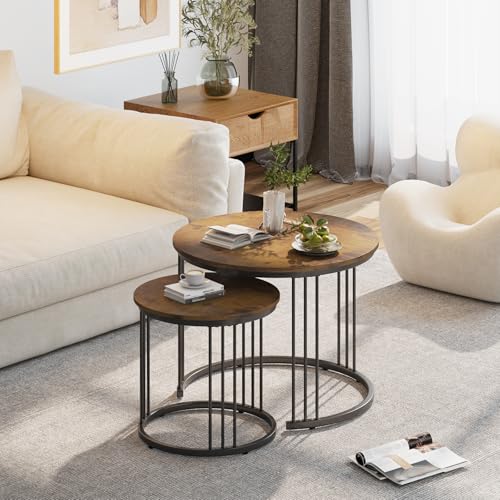 Nesting Coffee Table, 23.6" Round Coffee Table Set of 2, Wooden Nesting Table with Metal Frame, Ceter Tables for Living Room Bedroom Balcony, Rustic Brown - color: Rustic Brown