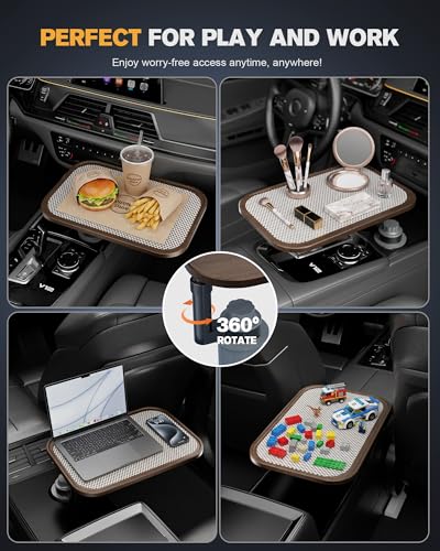 Car Desk for Laptop, Car Table & Car Tray with 360° Rotating Cup Holder, Adjustable Height Car Food Tray, As Car Table Tray or Car Seat Tray, Compatible with Tesla Model 3/Y/S, Ford/Most Vehicles