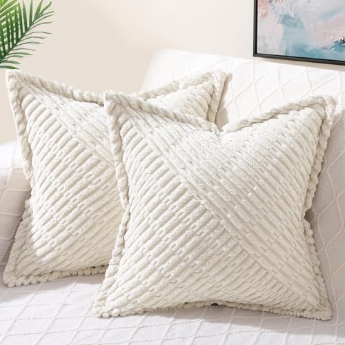 decorUhome Cream White Corduroy Fall Throw Pillow Covers 24x24 Set of 2 | Boho Decorative Soft Broadside Twill Accent Modern Farmhouse Neutral Pillow Covers with Splicing for Bed Sofa Living Room - color: Cream White, size: 24" x 24" (Pack of 2)