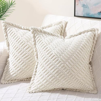 decorUhome Decorative Cream White Throw Pillow Covers 18x18 Set of 2 with Splicing, Boho Soft Corduroy Broadside Twill Spring Pillow Covers for Couch Bed Sofa Living Room | Boho Decorative Soft Broadside Twill Accent Modern Farmhouse Neutral Pillow Covers