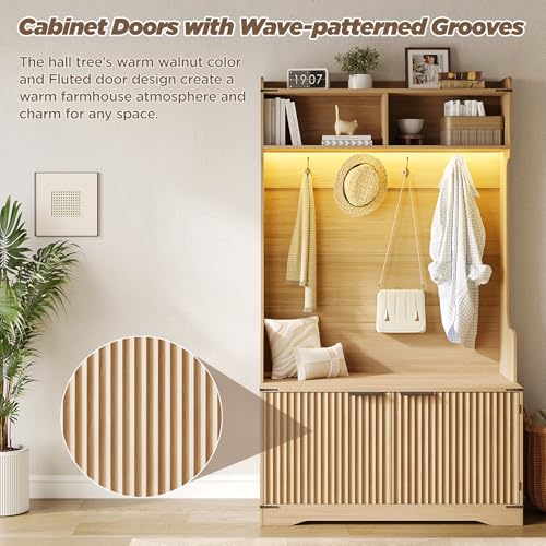 Maupvit 67" Modern Fluted Hall Tree with Storage Bench, LED Lights, Oak | 5-in-1 Entryway Bench with Coat Rack, 4 Hooks, Adjustable Shelves & Flip Drawers, Mudroom Furniture Organizer to Hide Clutter