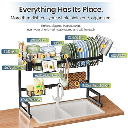 ADBIU Over The Sink Dish Drying Rack (Expandable Height and Length) Snap-On Design 2 Tier Large Dish Rack - color: Black, size: 22.6" - 35.5"(L) x 12"(W) x 19" - 22"(H)