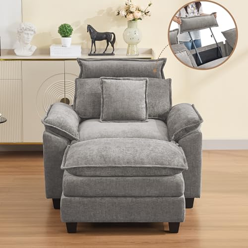 46''Cloud Oversized Sofa Chair with Detachable Headrest, Upholstered Comfy Arm Accent Chair with Ottoman,Modern Chenille Reading Lounge Armchair for Living Room,Bedroom, Light Grey - color: Light Grey, size: Oversized Chair with Ottoman