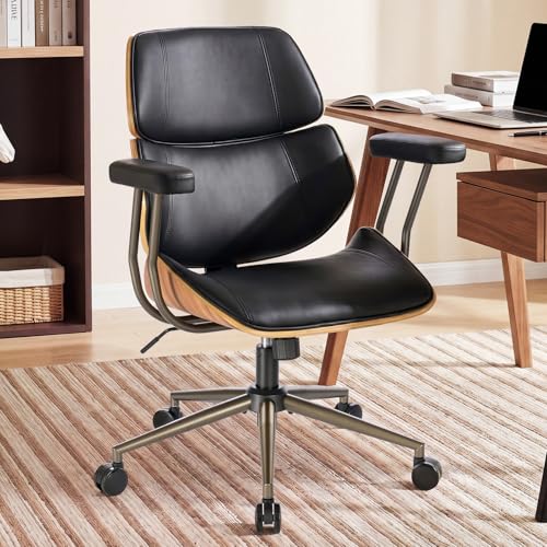Mid Century Walnut Bentwood PU Leather Office Chair with Arms, Black | Curved walnut bentwood back & seat; removable armrests; PU leather upholstery; swivel & rolling; for home office & study - color: Black, size: 2-Section Back / No Headrest