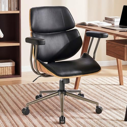 Mid Century Walnut Bentwood PU Leather Office Chair with Arms, Black | Curved walnut bentwood back & seat; removable armrests; PU leather upholstery; swivel & rolling; for home office & study - color: Black, size: 2-Section Back / No Headrest