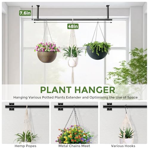 Plant Hanging Rod, 48 Inch Window Plant Hanger for Indoor Plants | Heavy Duty 1 Inch Metal Plant Rod for Window with Square Flange Base, Plant Shelves Wall Planters, Pot Not Included, Black - size: 48 Inch
