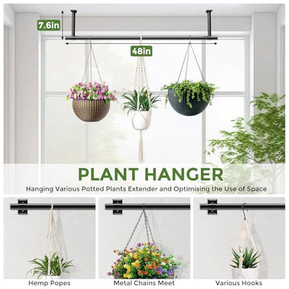 Plant Hanging Rod, 48 Inch Window Plant Hanger for Indoor Plants | Heavy Duty 1 Inch Metal Plant Rod for Window with Square Flange Base, Plant Shelves Wall Planters, Pot Not Included, Black - size: 48 Inch