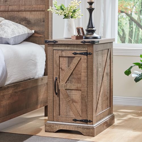 Farmhouse 17" Nightstand with Charging Station, Light Brown | Rectangular/ Rustic End Table with Barn Door /Adjustable Shelf/ Wood Sofa Side Table/ for Living Room, Bedroom - color: Light Brown Color