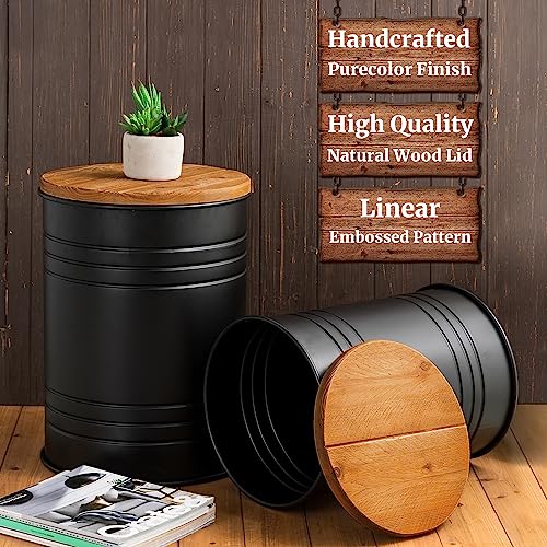 Glitzhome Rustic End Table Set of 2, Farmhouse Galvanized Metal Barrel Ottoman Storage Stool with Round Wood Lid for Living Room Furniture, Black - color: Black