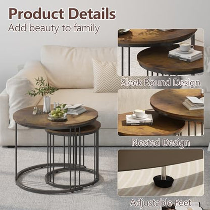 Nesting Coffee Table, 23.6" Round Coffee Table Set of 2, Wooden Nesting Table with Metal Frame, Ceter Tables for Living Room Bedroom Balcony, Rustic Brown - color: Rustic Brown
